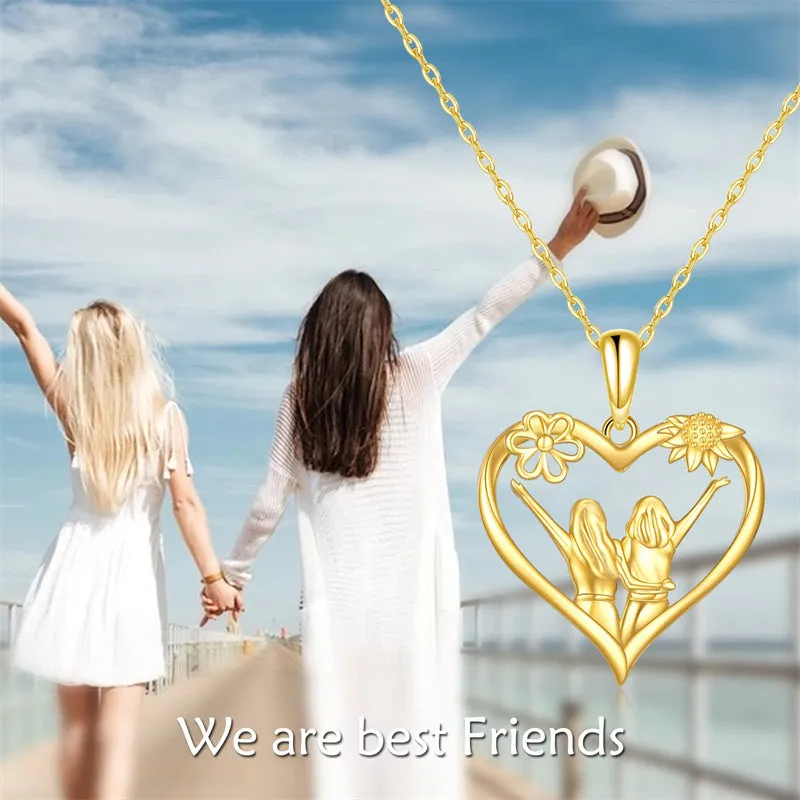 14K Solid Yellow Gold Sister Necklace for Women Love Heart Friendship Pendant Jewelry Gifts for Sister