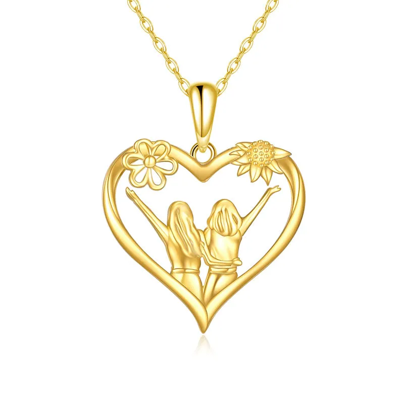 14K Solid Yellow Gold Sister Necklace for Women Love Heart Friendship Pendant Jewelry Gifts for Sister