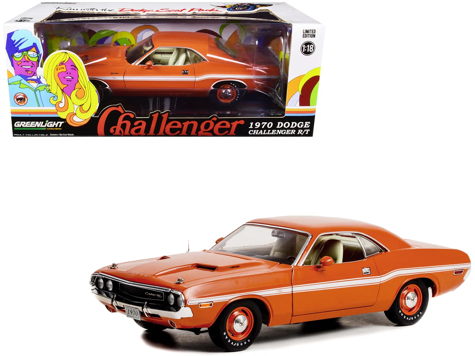 1970 Dodge Challenger R/T Go Mango Orange with White Stripes 1/18 Diecast Model Car by Greenlight