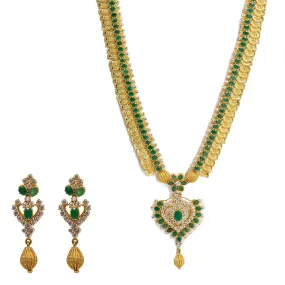 22K Yellow Gold Necklace & Earrings Set W/ Emeralds, CZ Gems & Large Heart Pendants