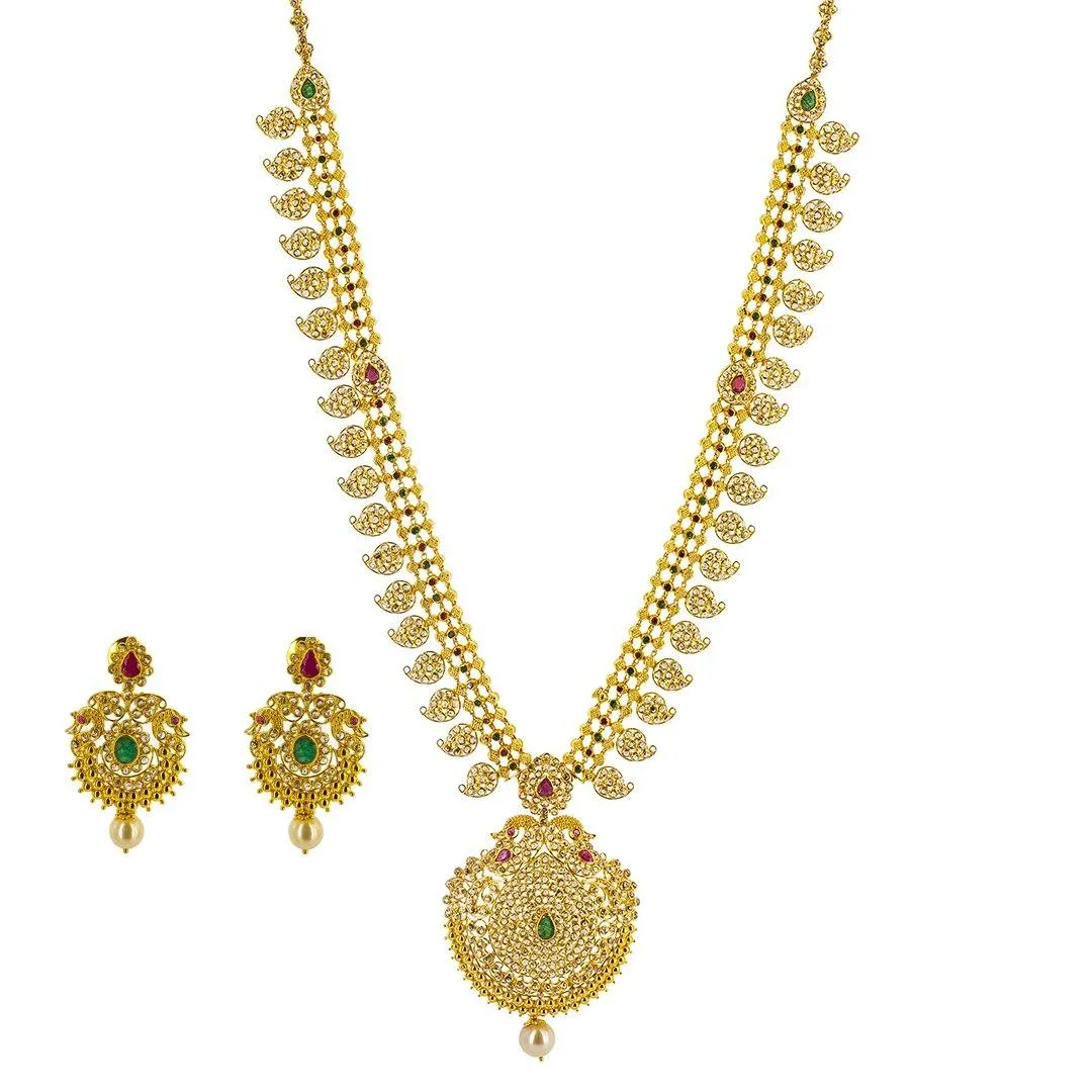 22K Yellow Gold Uncut Diamond Necklace & Earrings Mango Set W/ 21.9ct Uncut Diamonds, Emeralds, Rubies & Pearls