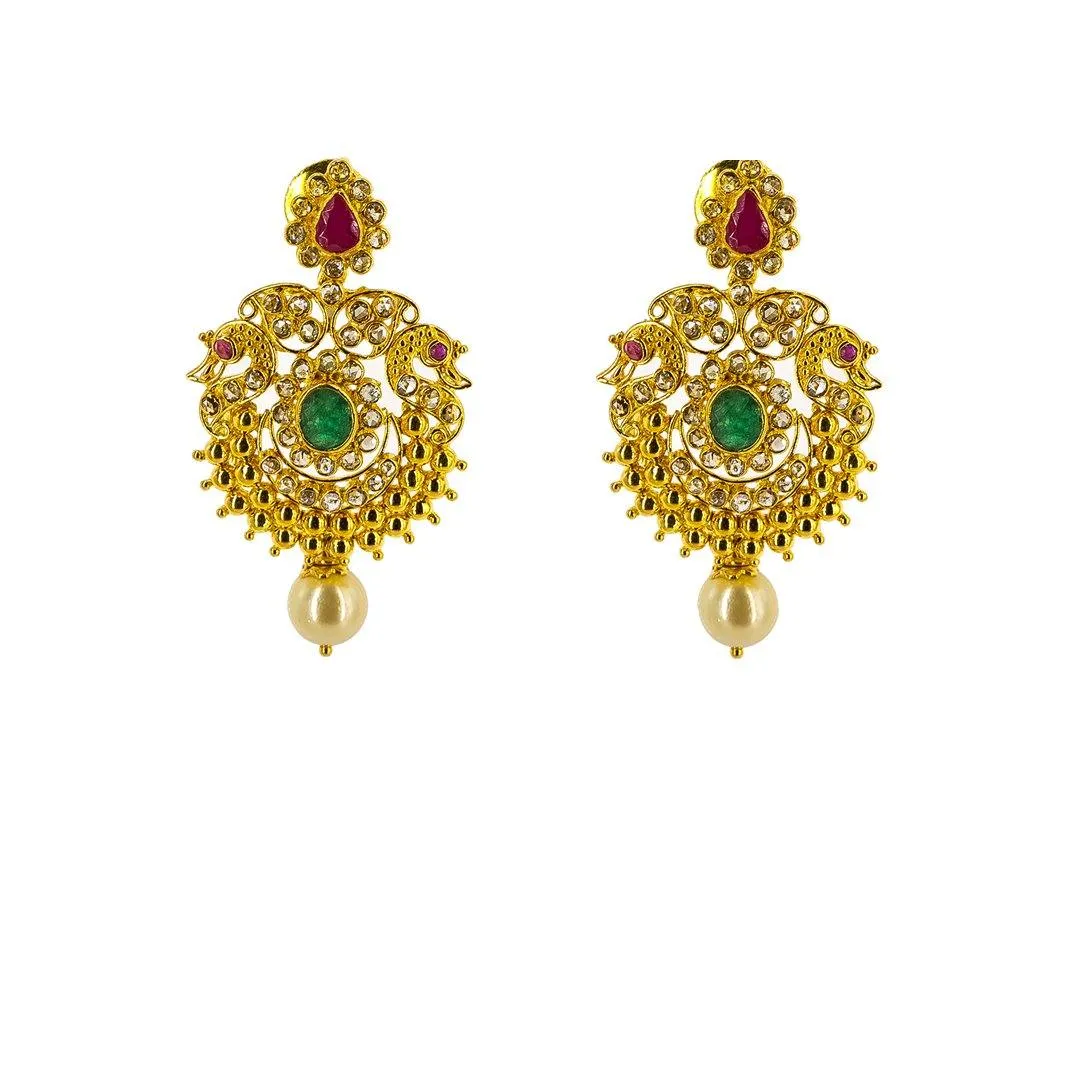 22K Yellow Gold Uncut Diamond Necklace & Earrings Mango Set W/ 21.9ct Uncut Diamonds, Emeralds, Rubies & Pearls