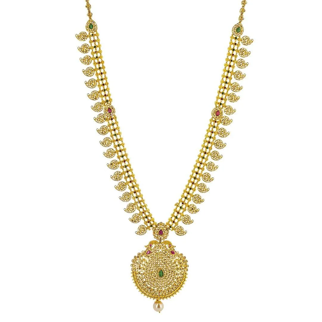 22K Yellow Gold Uncut Diamond Necklace & Earrings Mango Set W/ 21.9ct Uncut Diamonds, Emeralds, Rubies & Pearls