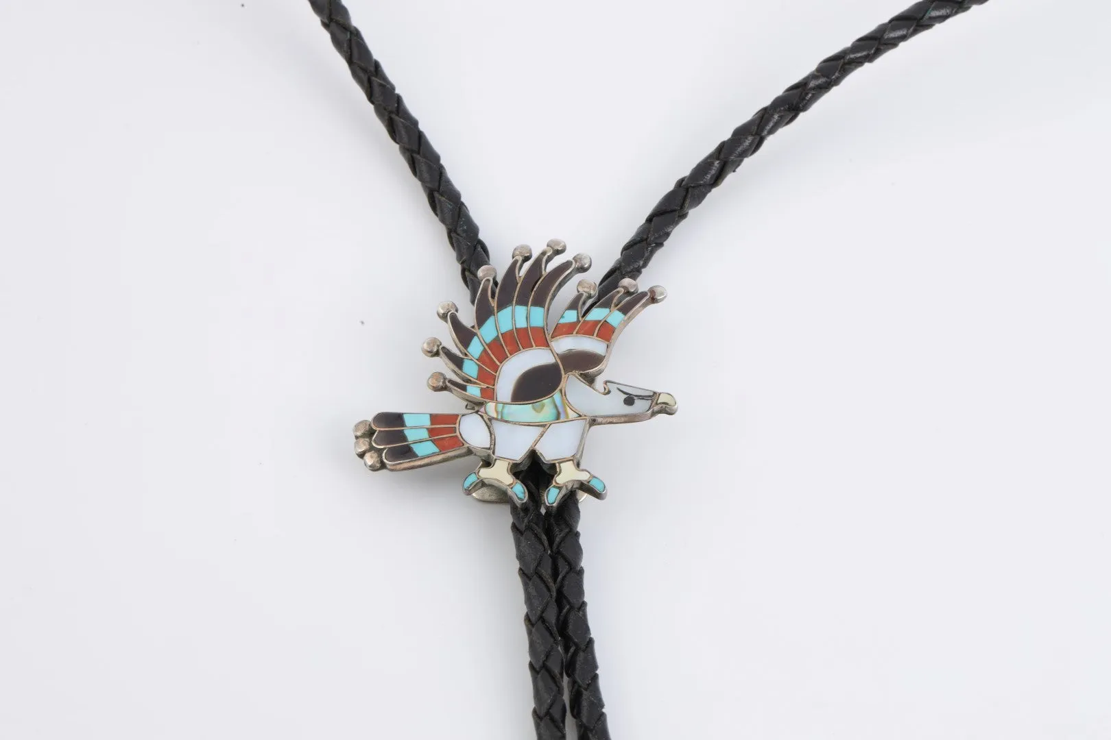 36" 925 Silver Mosaic Inlay Native American Zuni Silver Eagle Bolo Tie (21.89g.)