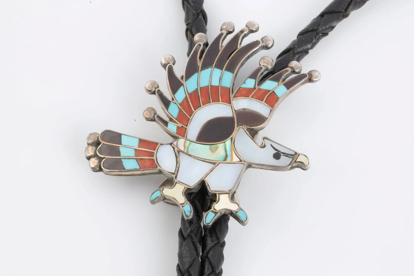 36" 925 Silver Mosaic Inlay Native American Zuni Silver Eagle Bolo Tie (21.89g.)