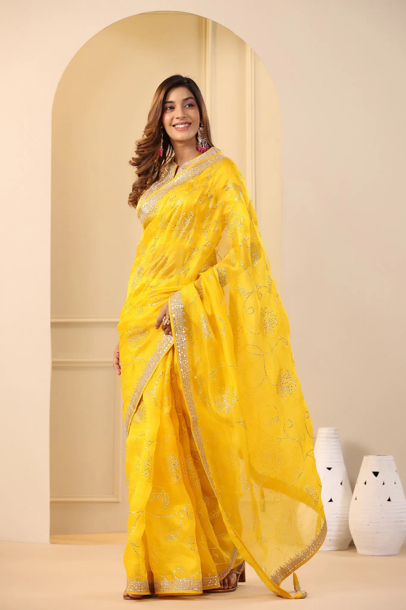 91Z174-RO Mango Yellow Embroidered Organza Sari with Blouse