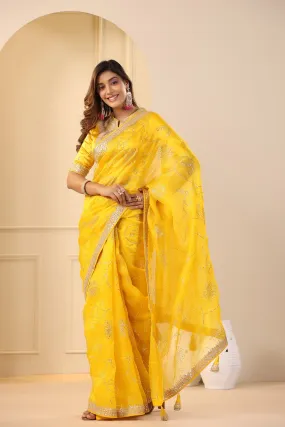 91Z174-RO Mango Yellow Embroidered Organza Sari with Blouse