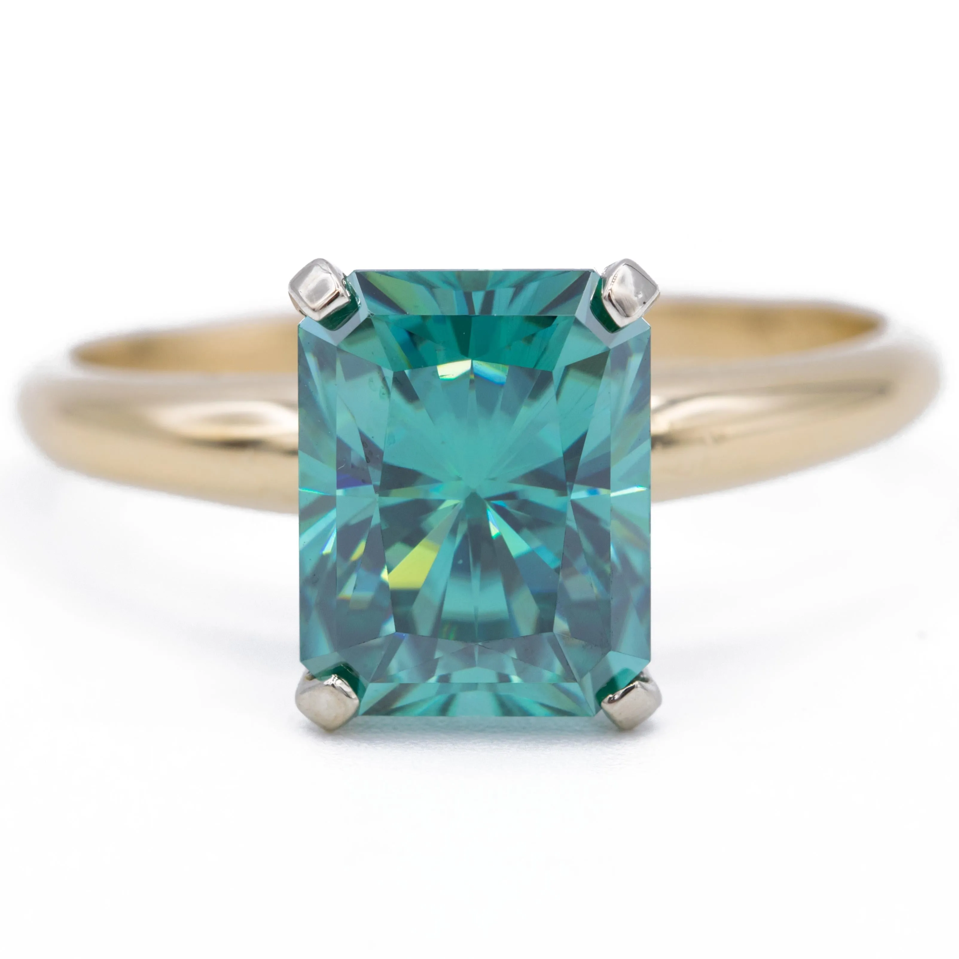 9x7mm Medium Light Emerald Green Radiant Moissanite 14KY and 14KW Two-Tone Solitaire Ring