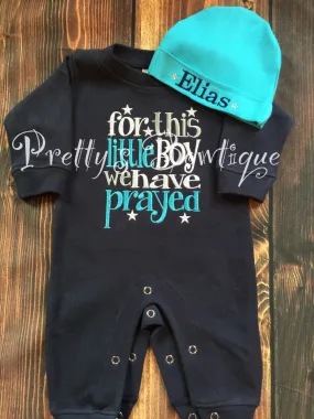 Baby Boy Coming Home Outfit -- For This Little Boy We Have Prayed Romper & Hat with Embroidered Name