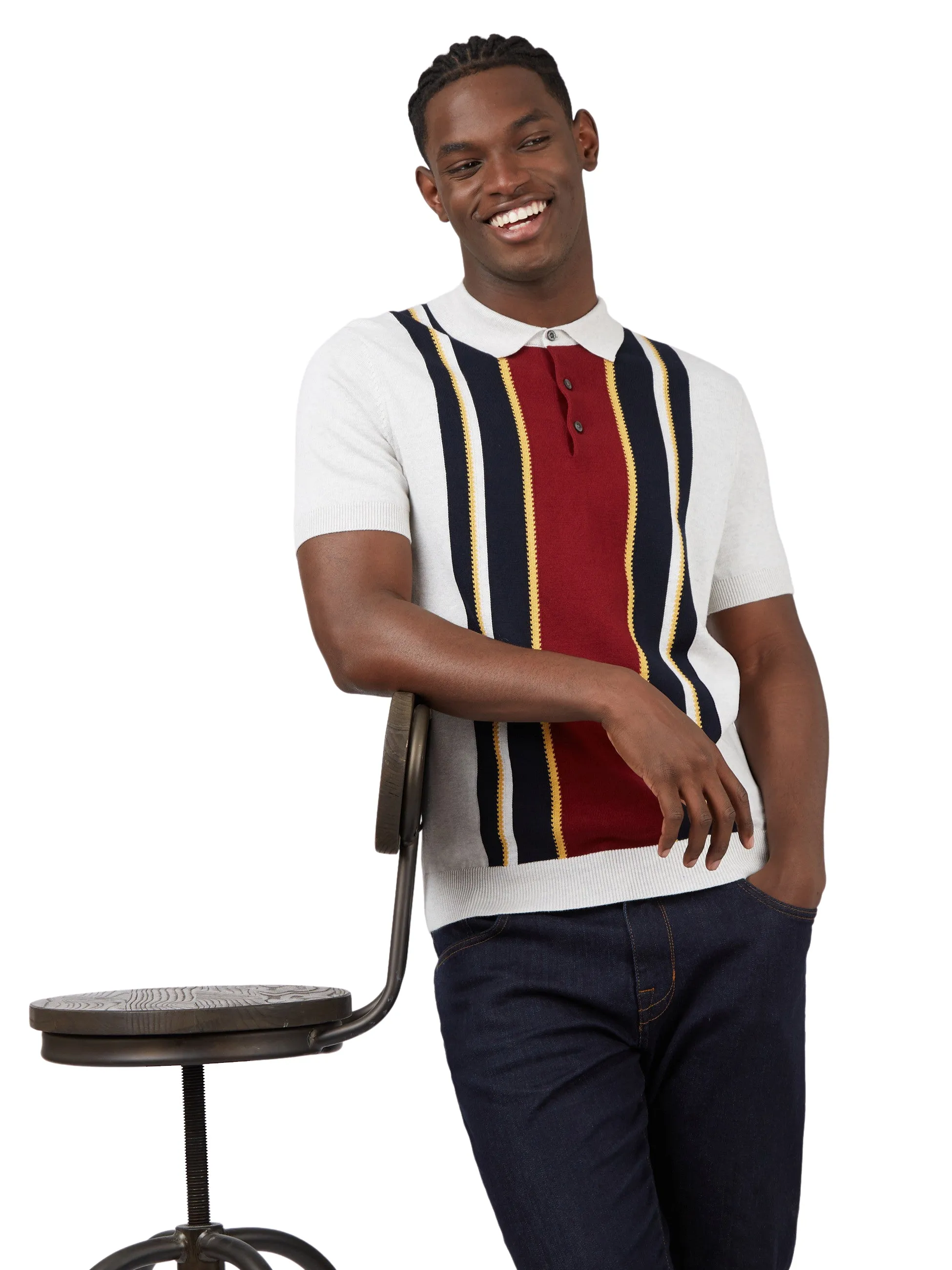 Ben Sherman Mens  Knitted Mod Stripe Polo Shirt - Short Sleeved