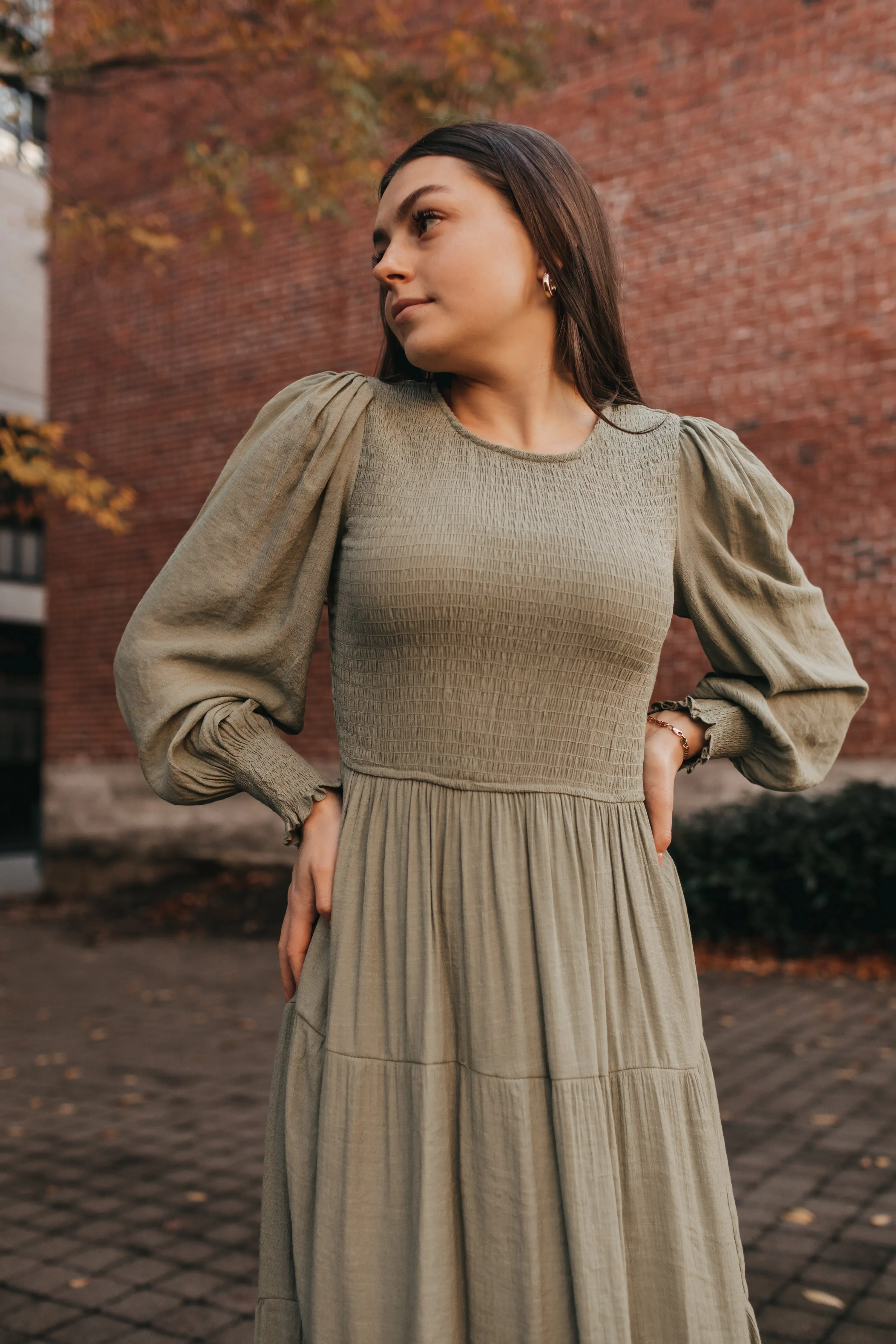 Charlotte Smocked Dress in Olive