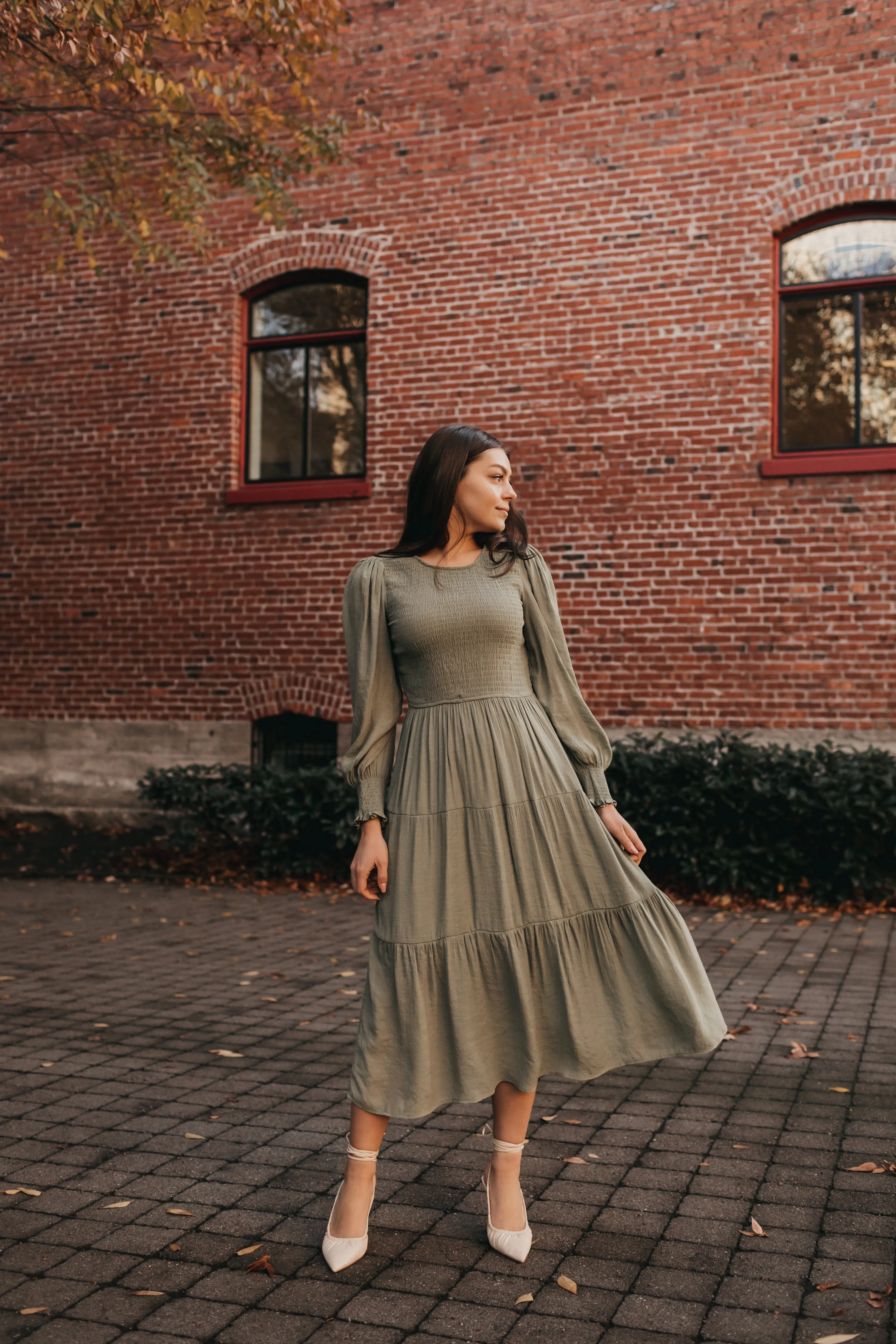 Charlotte Smocked Dress in Olive