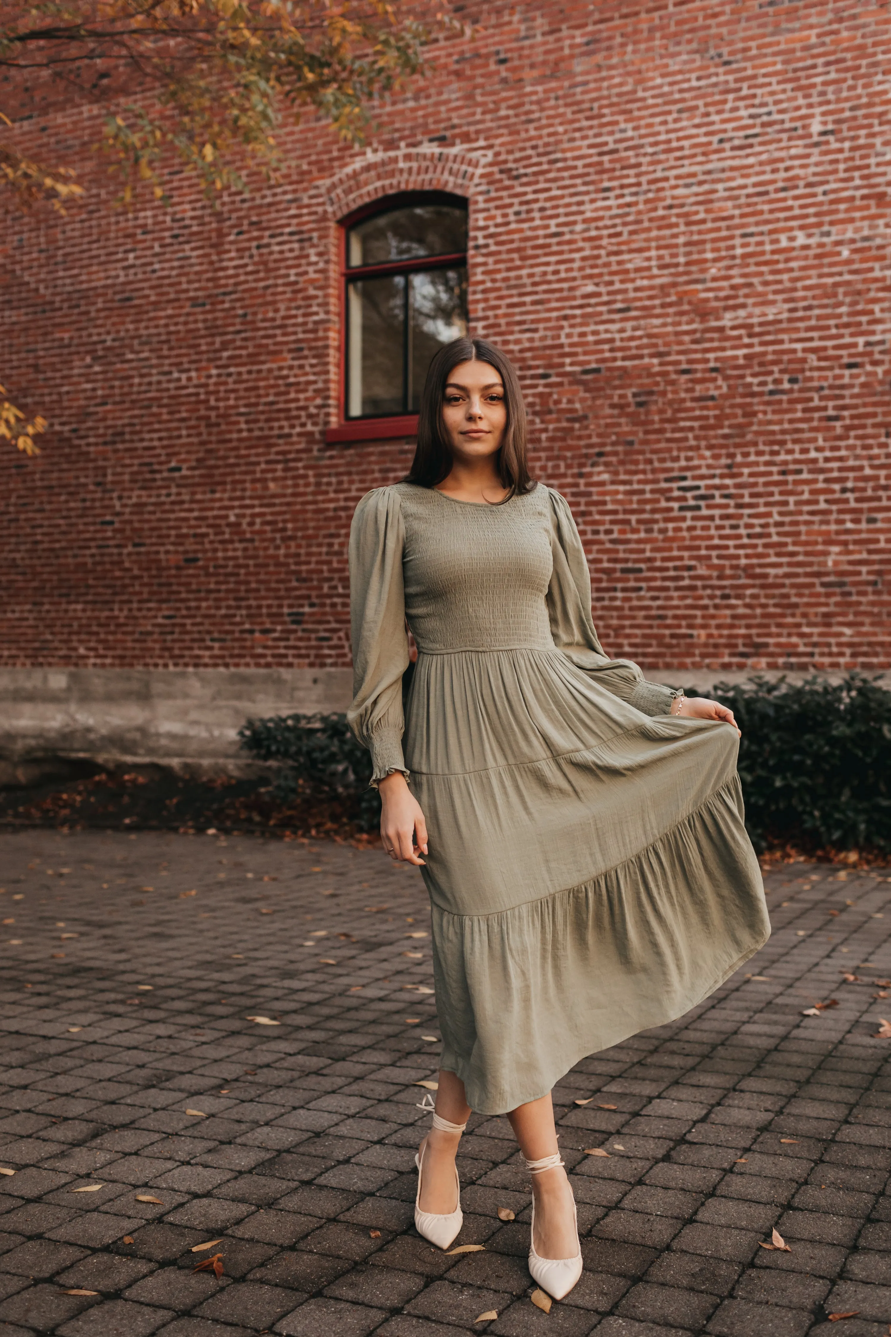 Charlotte Smocked Dress in Olive