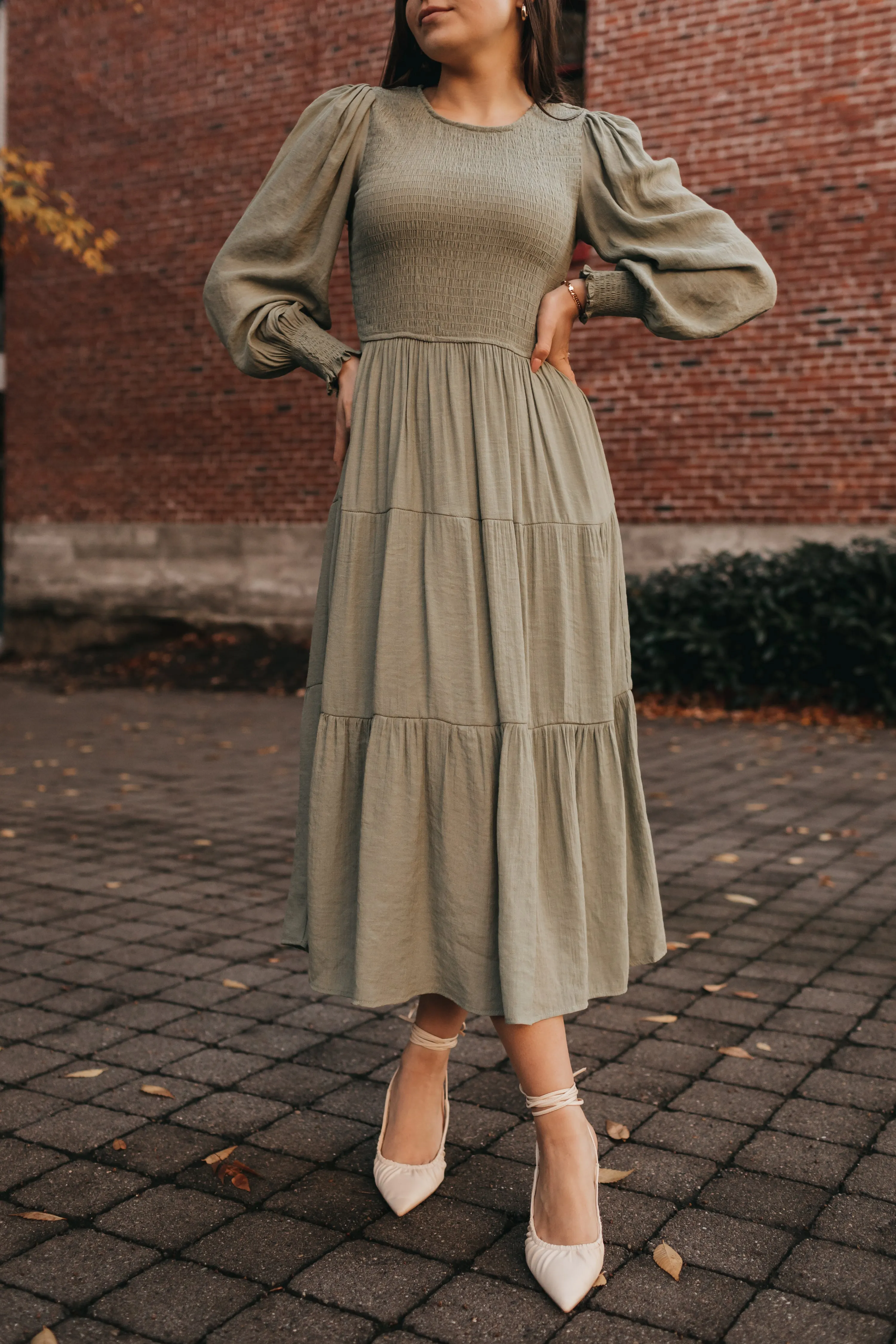 Charlotte Smocked Dress in Olive