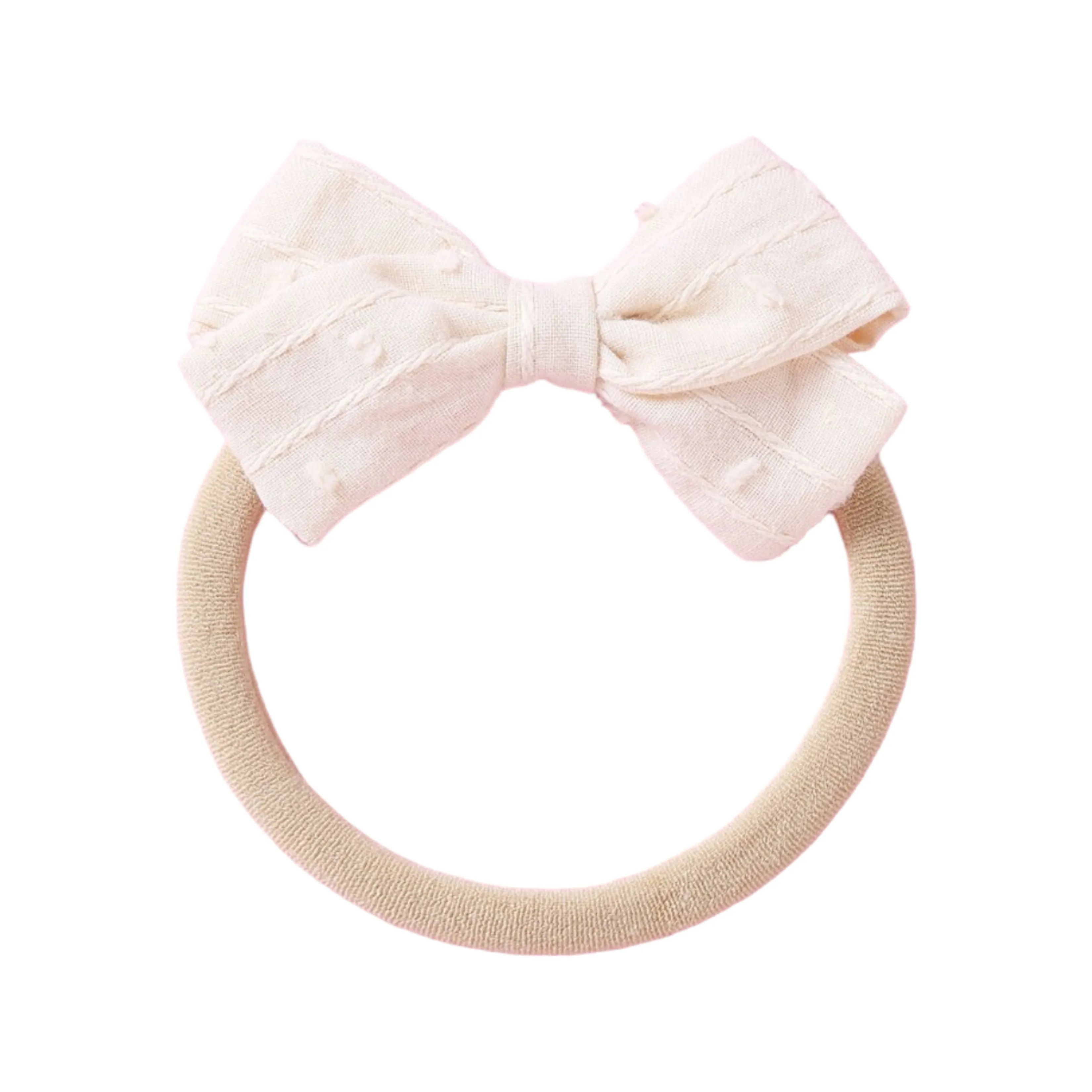 Dotty Embroidered Cotton Baby Bow in Peach