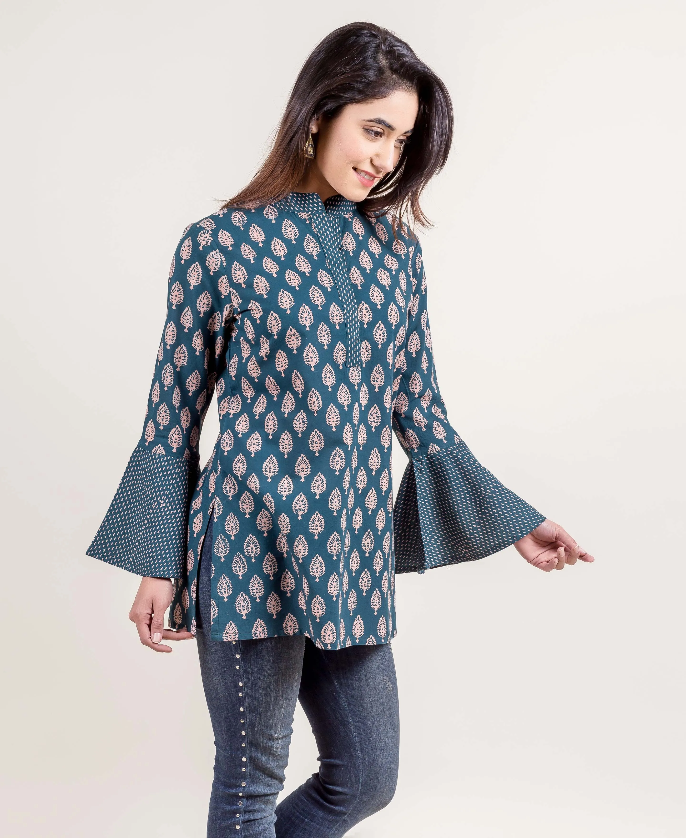 Ensemble Accomplishment Hand Block Printed Bell Sleeved Short Kurti