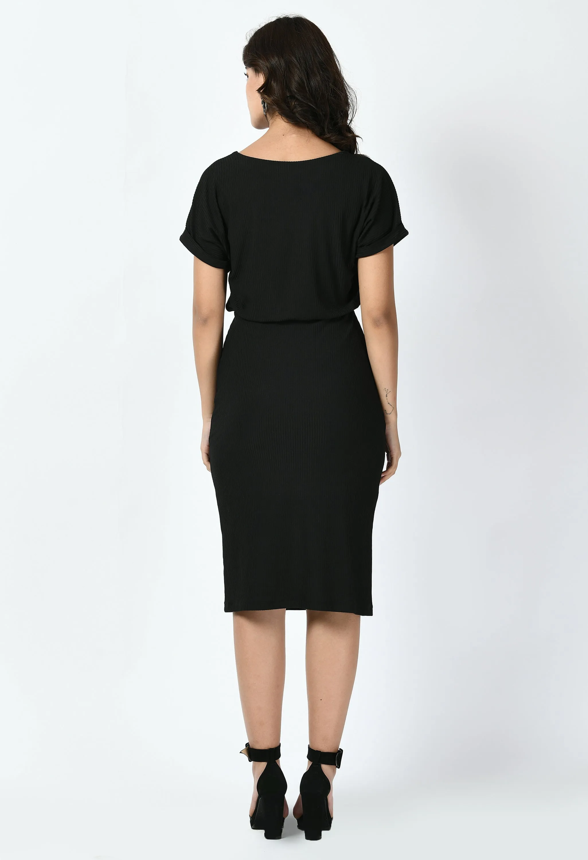 Exude Enigma Ribbed Blouson Dress (Black)