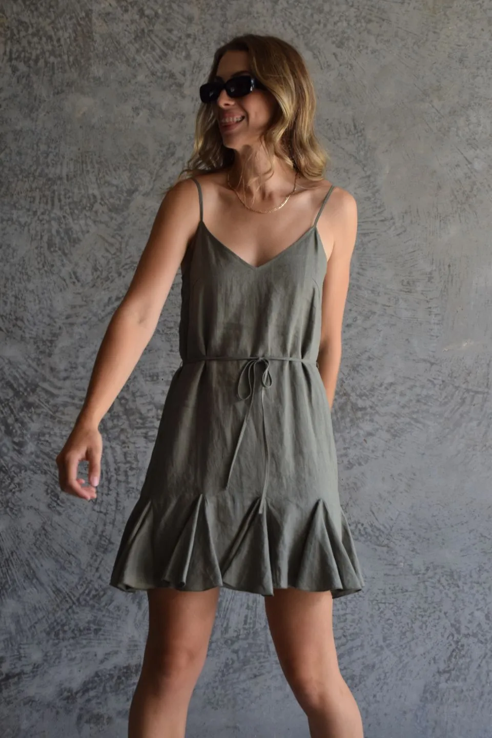 Fantasy Strappy Khaki Godet Linen Mini Dress