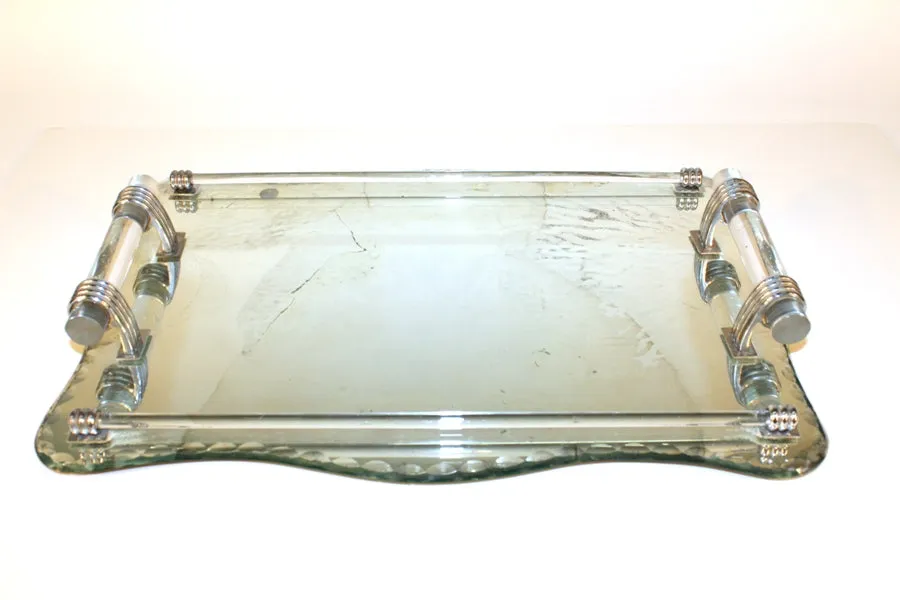 French Art Deco Style Serving Tray in Glass, Lucite, Nickel.