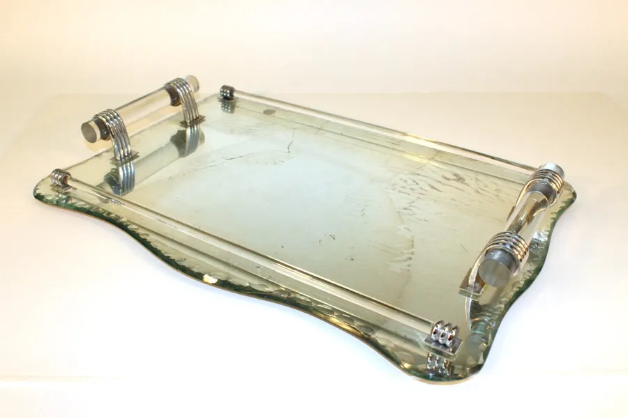 French Art Deco Style Serving Tray in Glass, Lucite, Nickel.