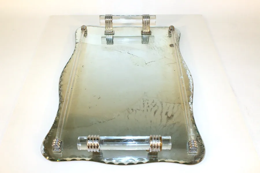 French Art Deco Style Serving Tray in Glass, Lucite, Nickel.