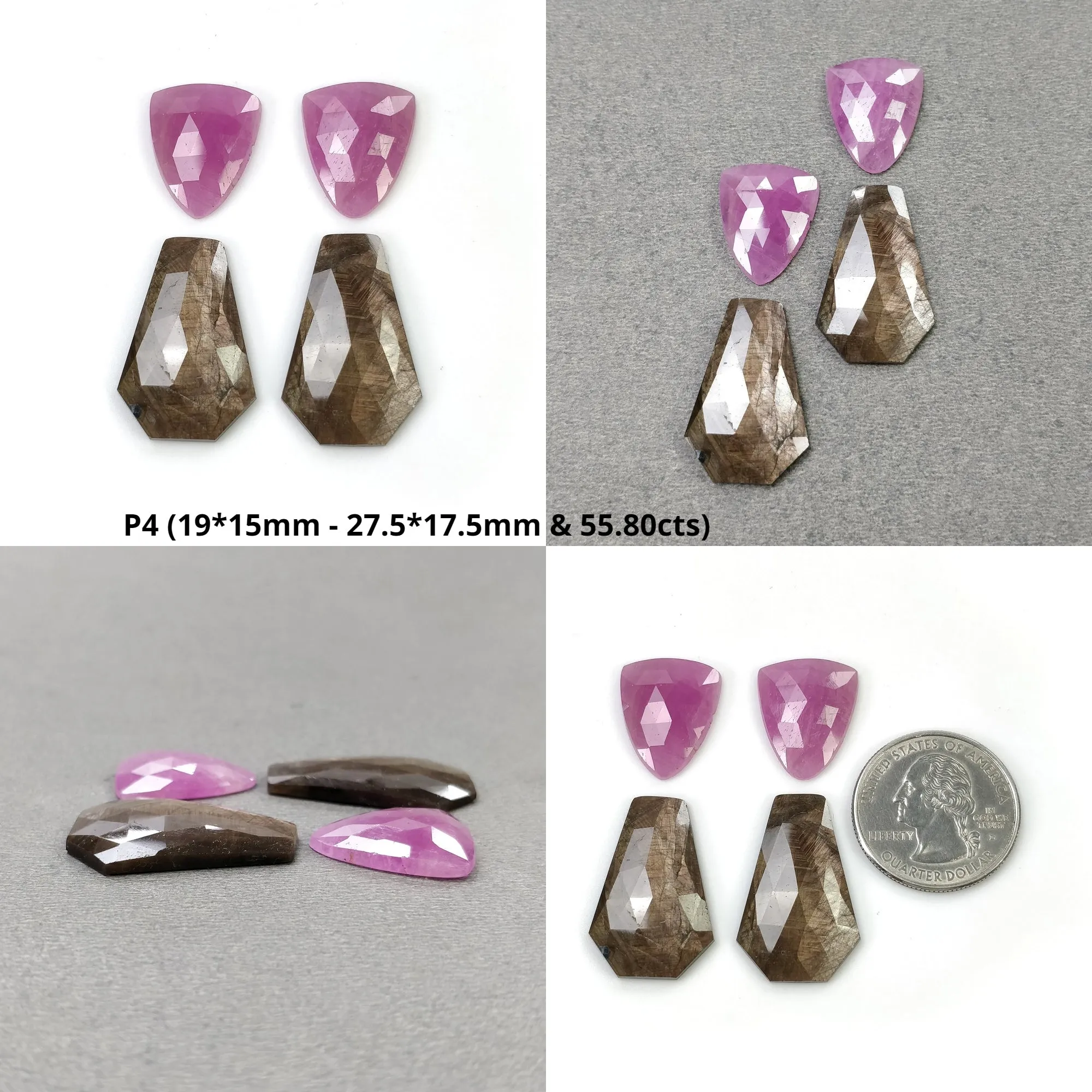 Golden Brown CHOCOLATE And PINK SAPPHIRE Gemstone Rose Cut : Natural Untreated Hexagon Triangle Uneven Round Pear Shape 4pcs