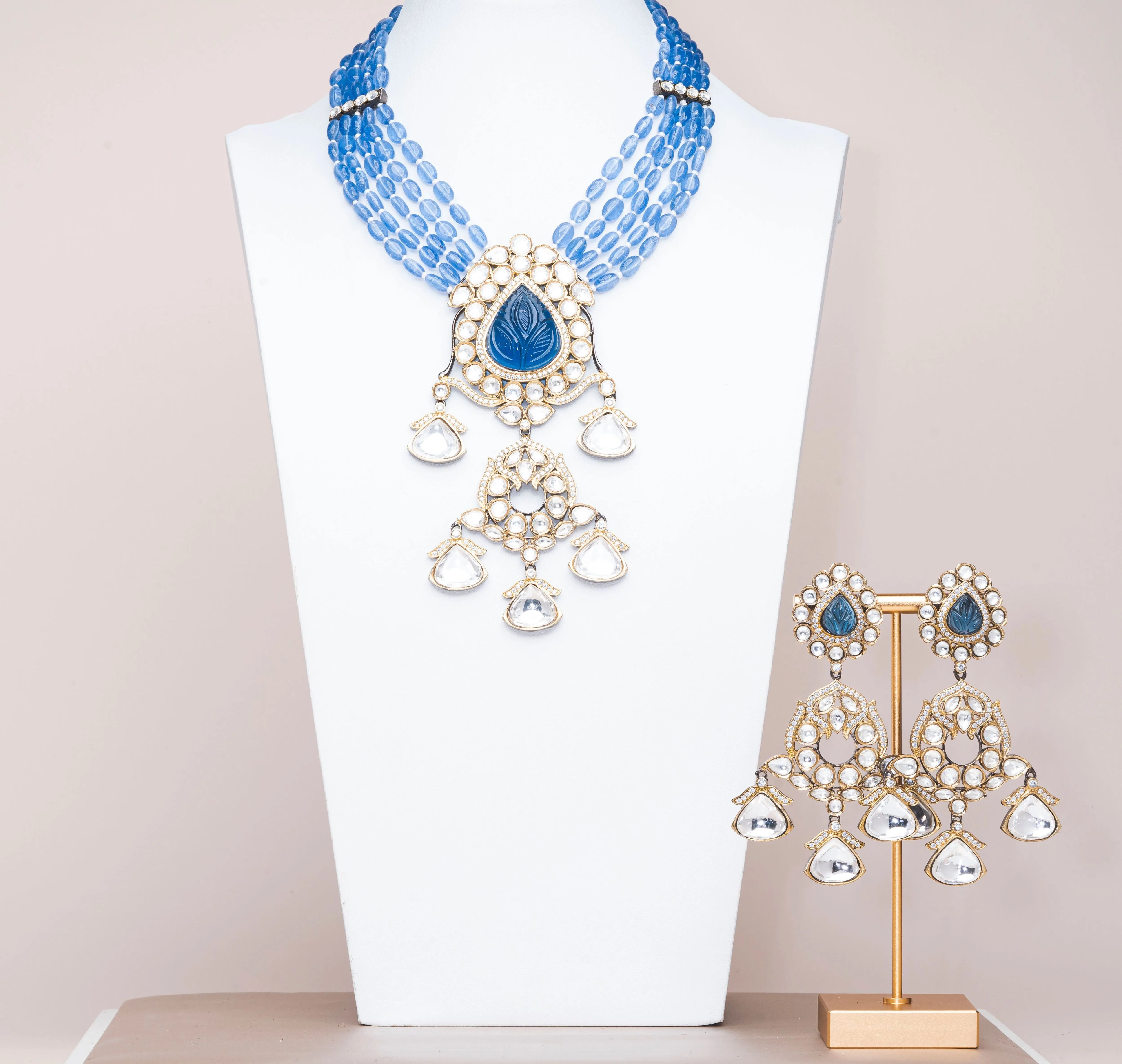 Hadia Iris Blue Luxury Mala & Earring Set By Jaipur Rose Luxury Indian Jewelry Online