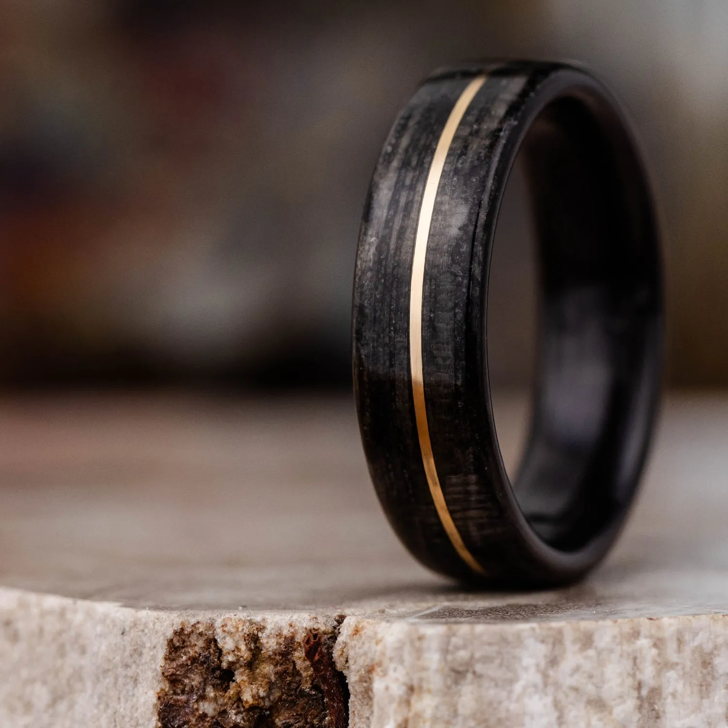 (In-Stock) The Whiskey Neat - Men's Whiskey Barrel Wedding Band with 14k Yellow Gold Inlay - Size 8.5 | 6mm Wide