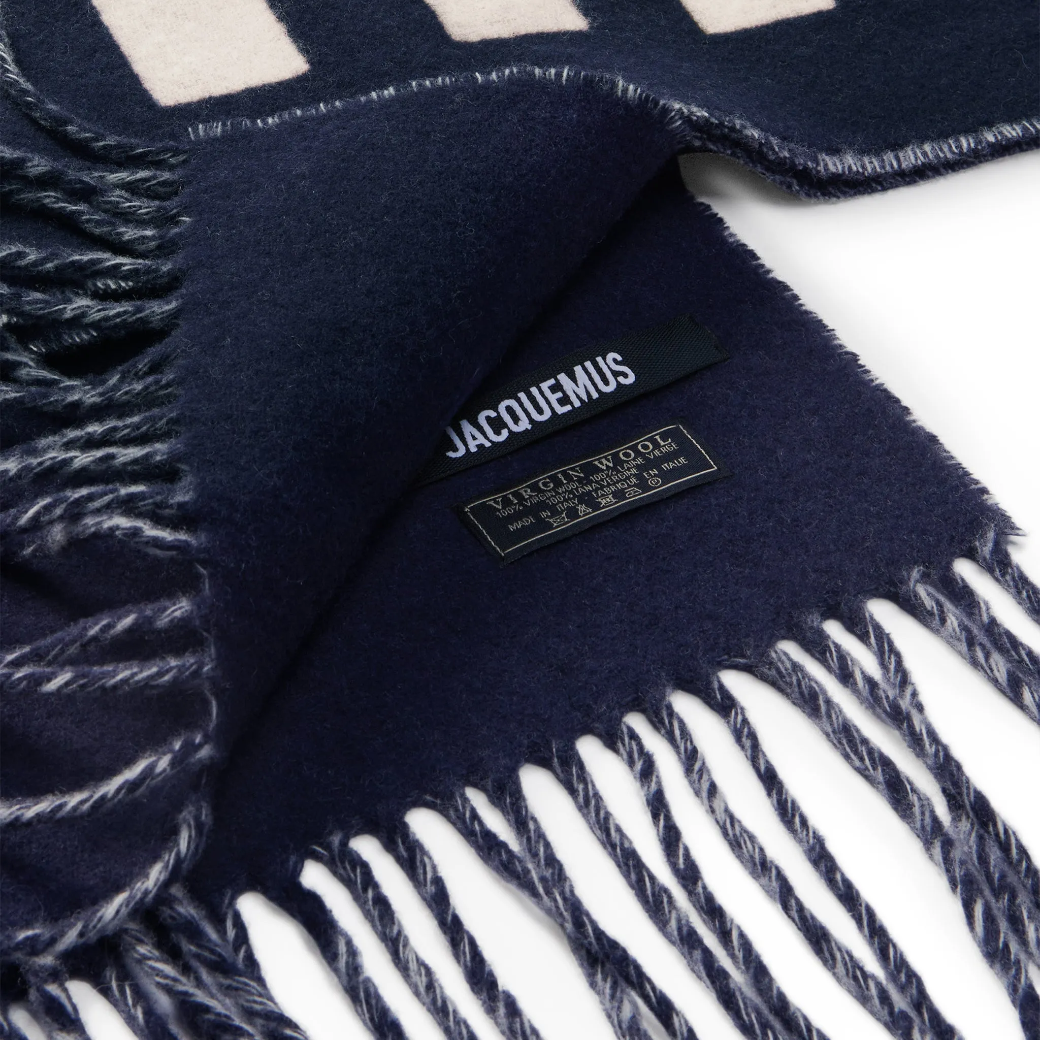 Jacquemus L'echarpe Fringe Logo Navy Scarf