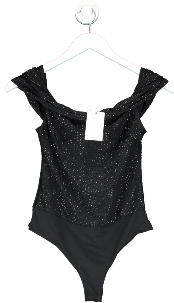 MANGO Black Draped Bodysuit With Rhinestone Detail UK S