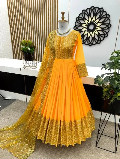 Mango Yellow Designer Georgette Anarkali Gown & Dupatta Set