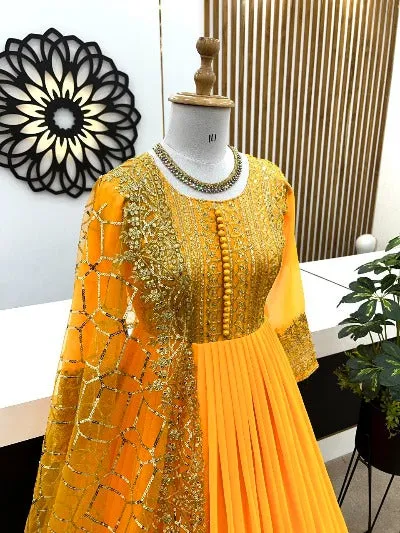 Mango Yellow Designer Georgette Anarkali Gown & Dupatta Set