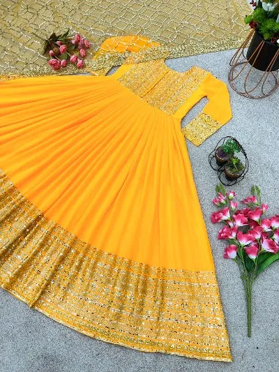 Mango Yellow Designer Georgette Anarkali Gown & Dupatta Set