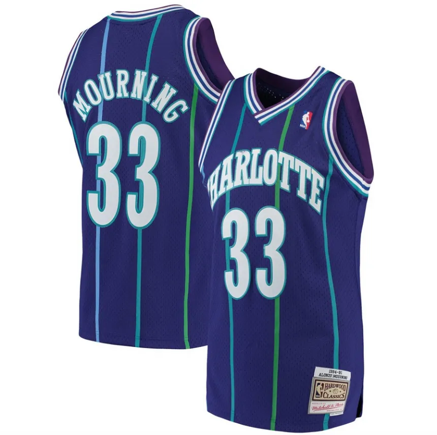 Mens Alonzo Mourning Charlotte Hornets 1994-95 Purple Swingman Replica Jersey By Mitchell & Ness