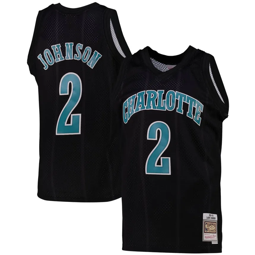 Men's Charlotte Hornets Larry Johnson Black Team Color Swingman Jersey by Mitchell & Ness