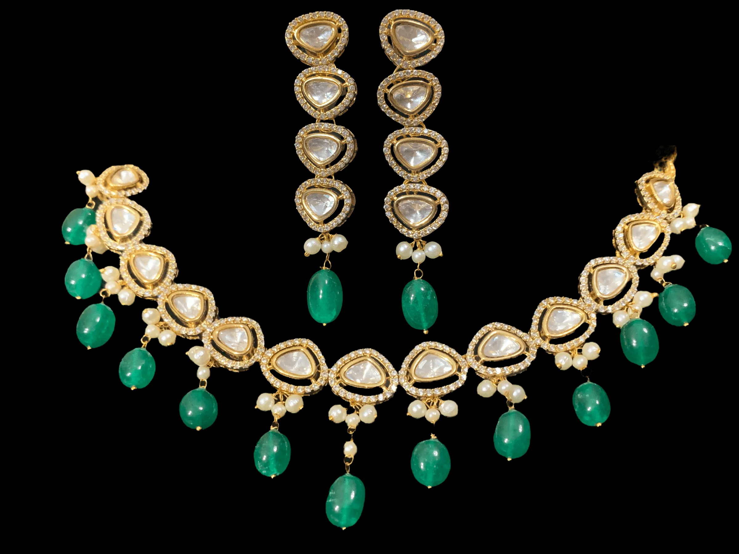 NS1 Surabhi cz polki set with green beads ( SHIPS IN 4 WEEKS)