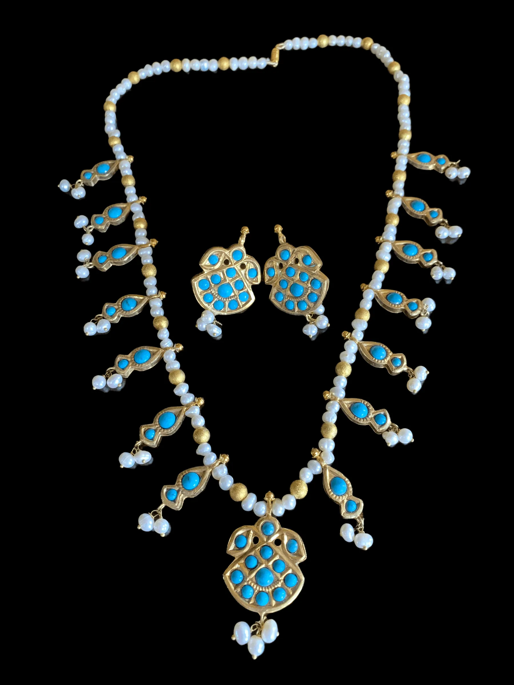 NS218 feroza kali necklace with natural turquoise and fresh water pearls (SHIPS IN 4 WEEKS  )