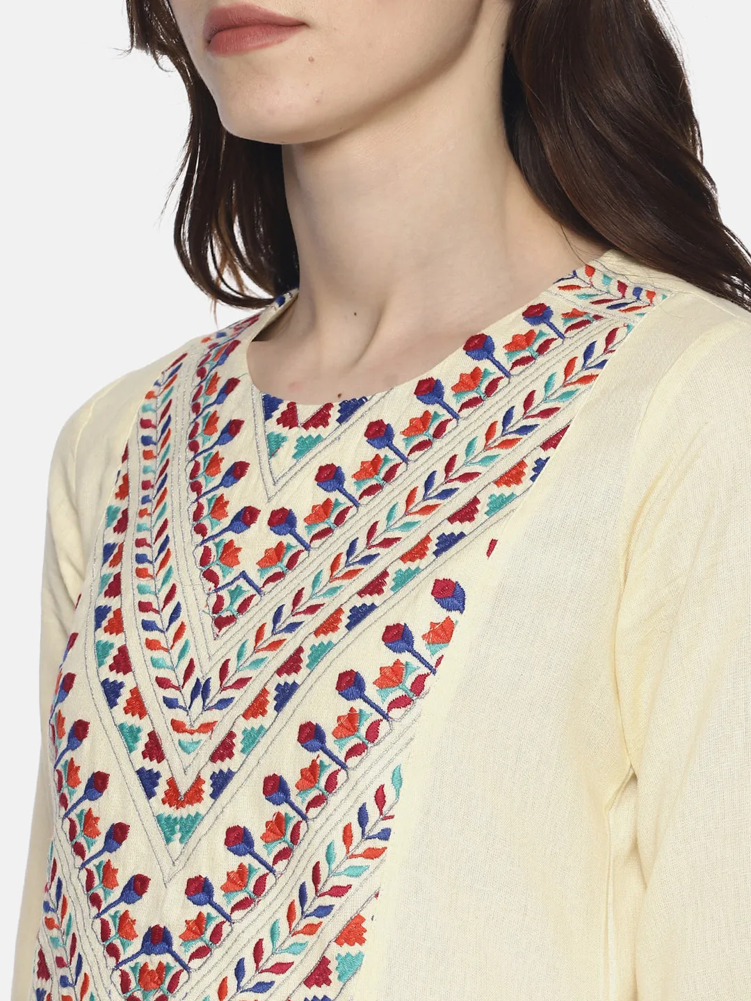 Off White Organic Cotton Kurta With Embroidered Yoke