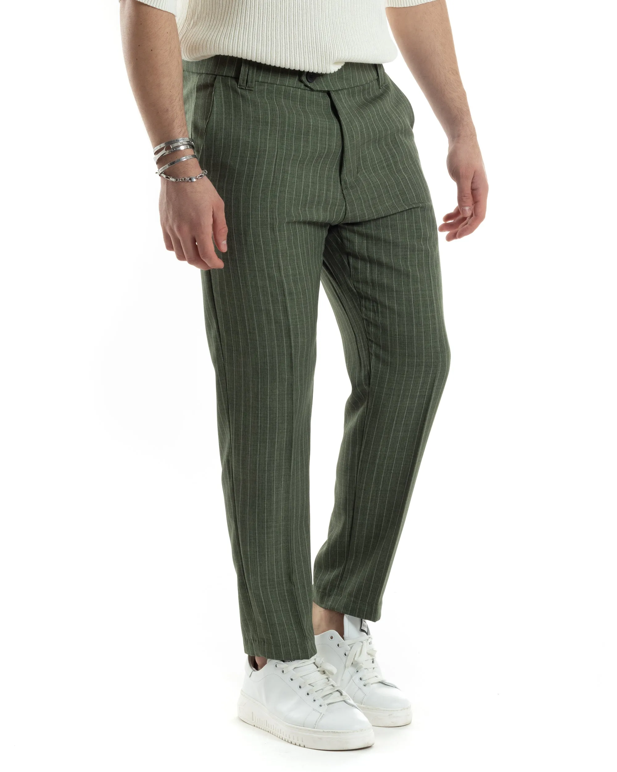 Pantaloni Uomo Gessati Viscosa Tasca America Rigato Classico Abbottonatura Allungata Casual Verde GIOSAL-P6037A