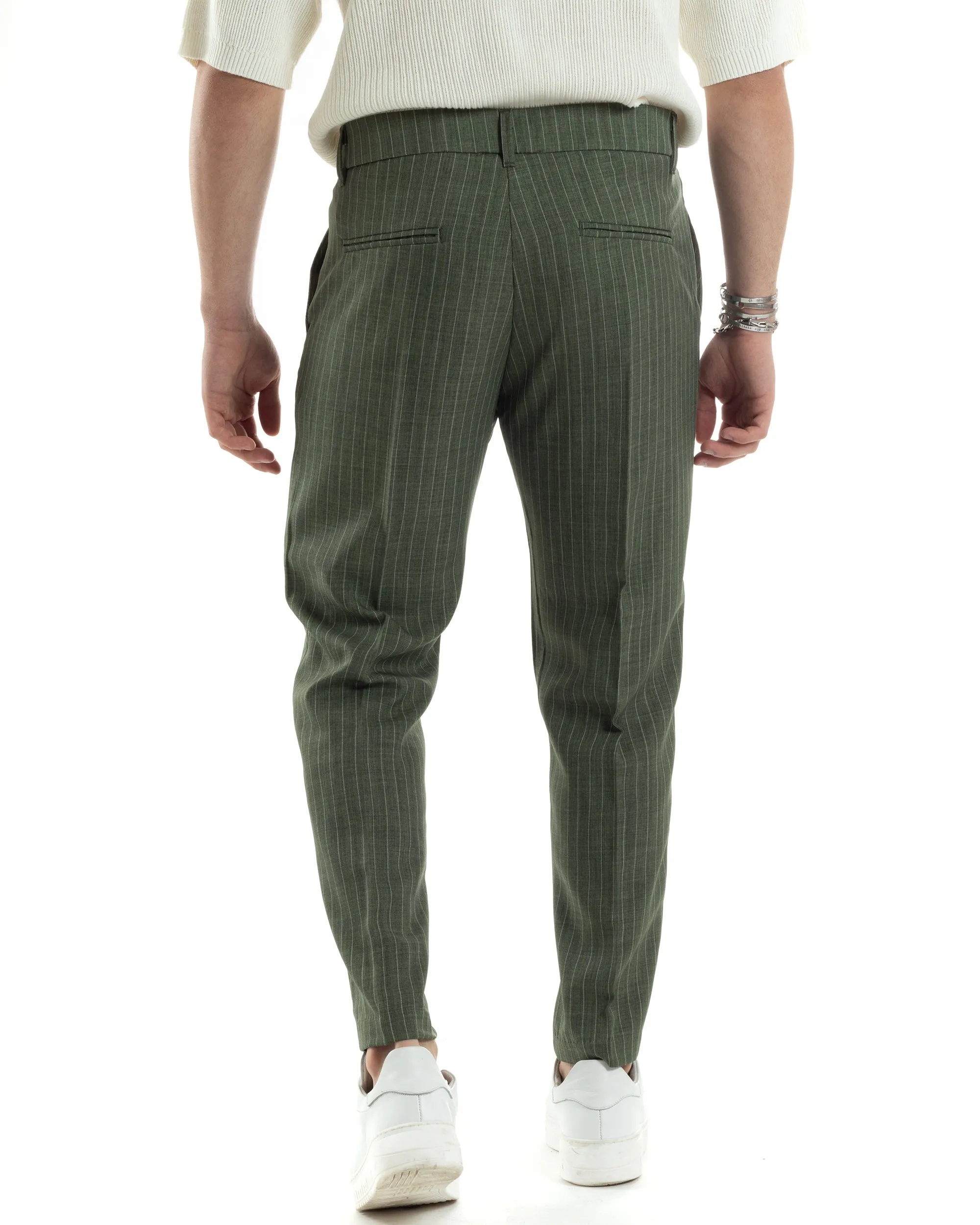 Pantaloni Uomo Gessati Viscosa Tasca America Rigato Classico Abbottonatura Allungata Casual Verde GIOSAL-P6037A