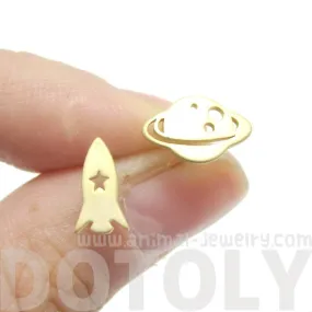 Saturn Rocket Silhouette Shaped Space Themed Stud Earrings in Gold | Allergy Free