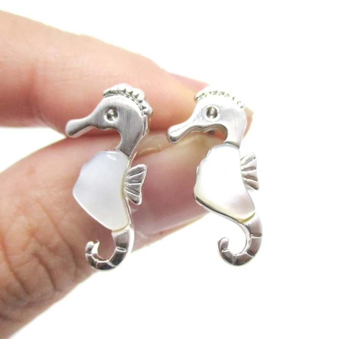 Seahorse Shaped Animal Themed Stud Earrings in Silver with Pearl Detail | DOTOLY