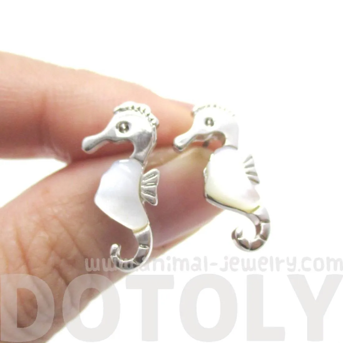 Seahorse Shaped Animal Themed Stud Earrings in Silver with Pearl Detail | DOTOLY