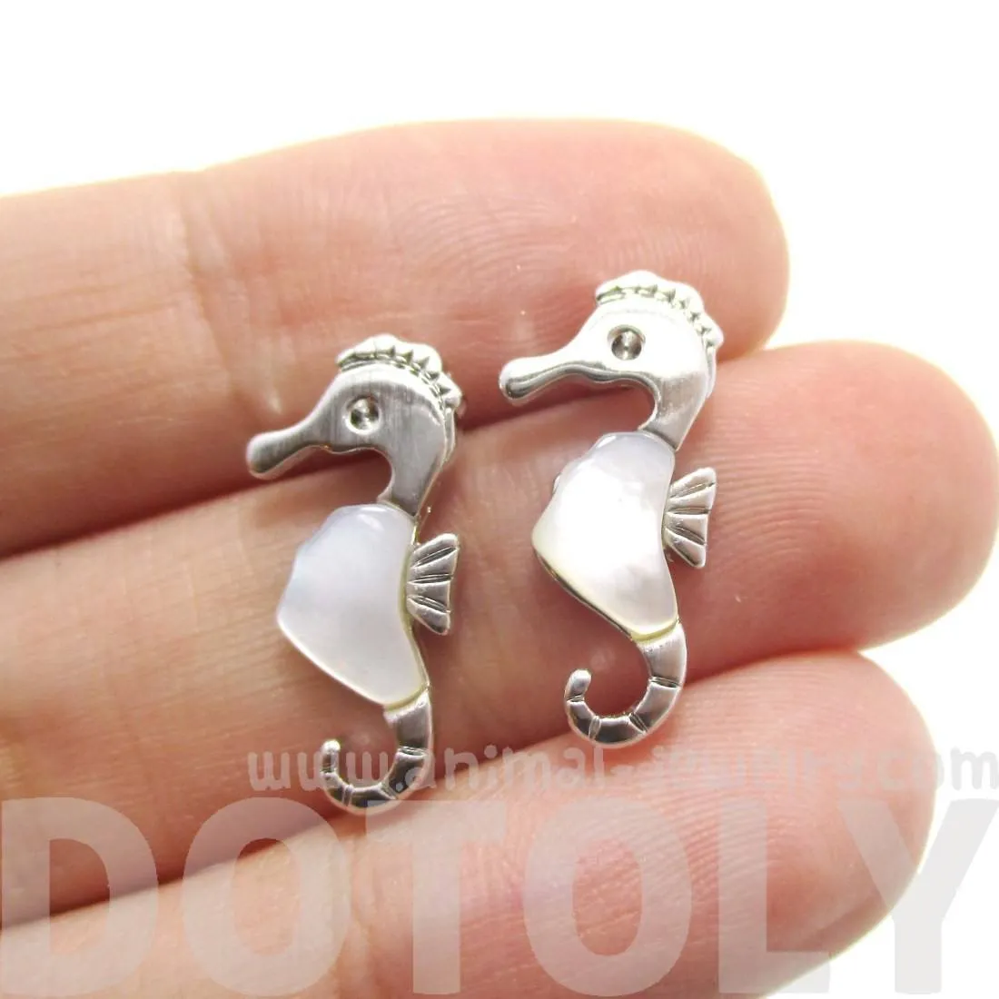 Seahorse Shaped Animal Themed Stud Earrings in Silver with Pearl Detail | DOTOLY