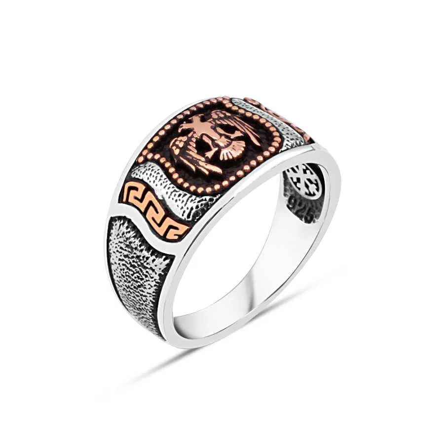 Seljuk Eagle on Wedding Band Silver Men's Ring with Pointed Texture