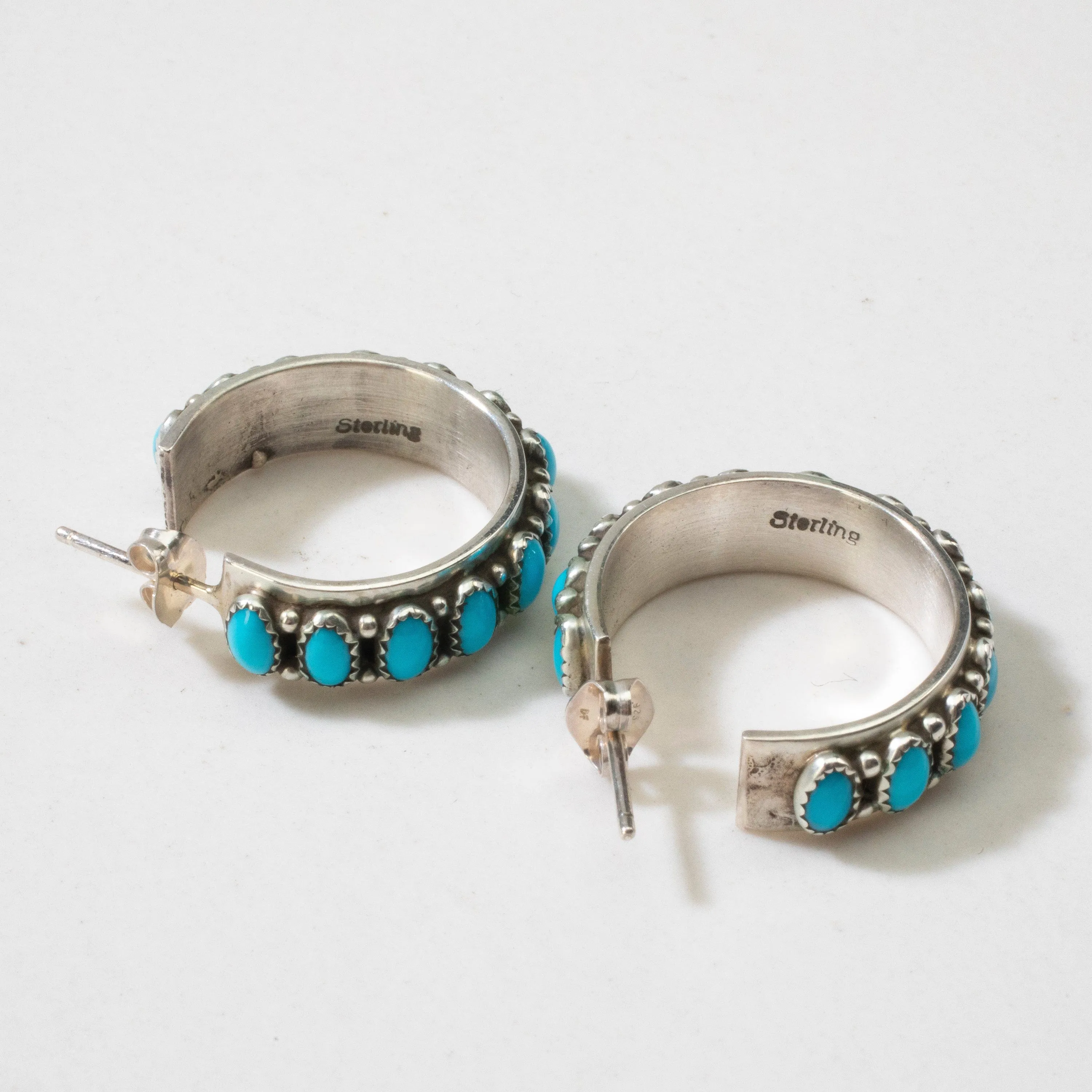 Sleeping Beauty Turquoise Hoop Navajo USA Native American Made 925 Sterling Silver Earrings with Stud Backing