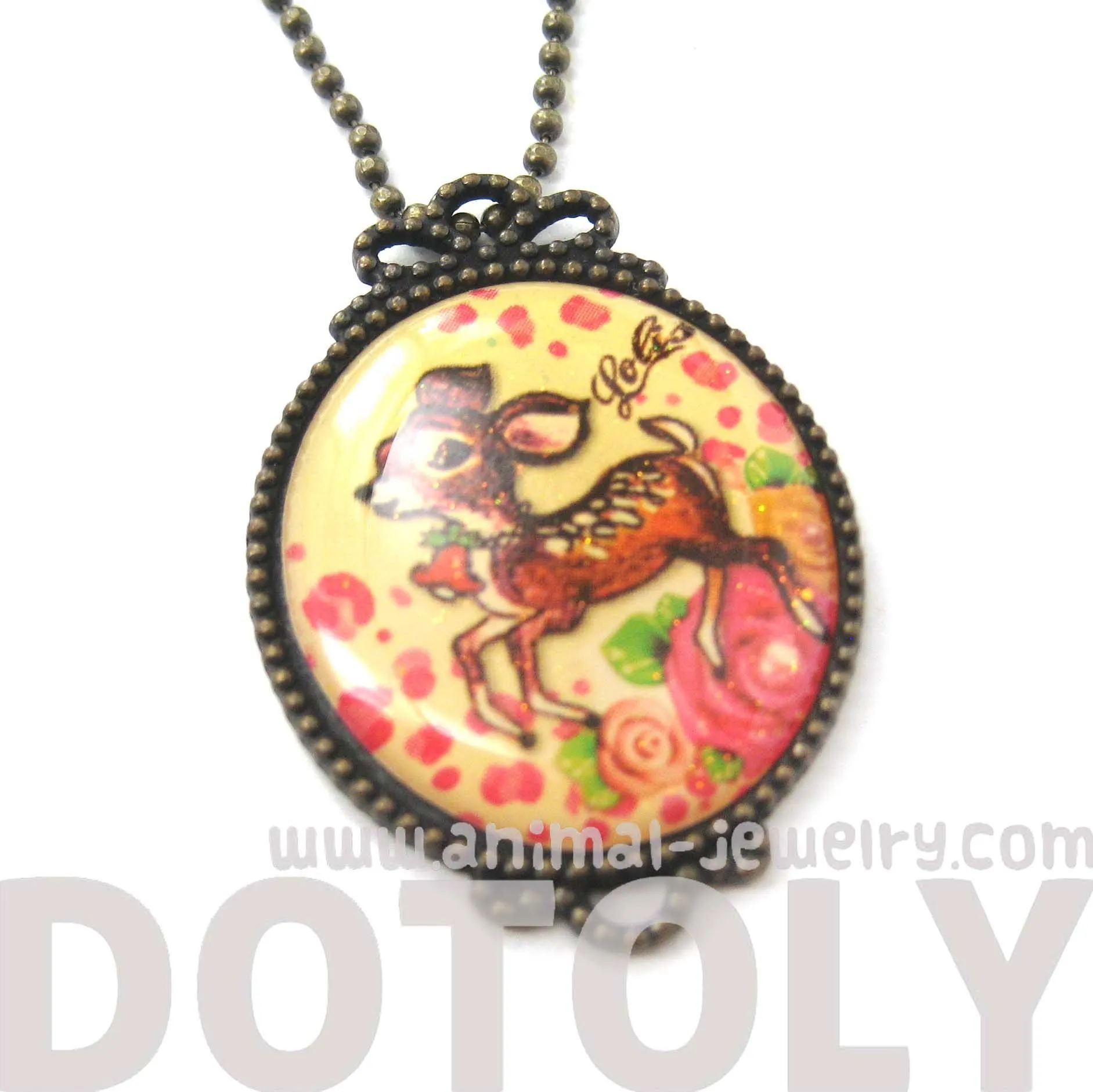 Small Bambi Deer with Roses Illustrated Pendant Necklace | Animal Jewelry