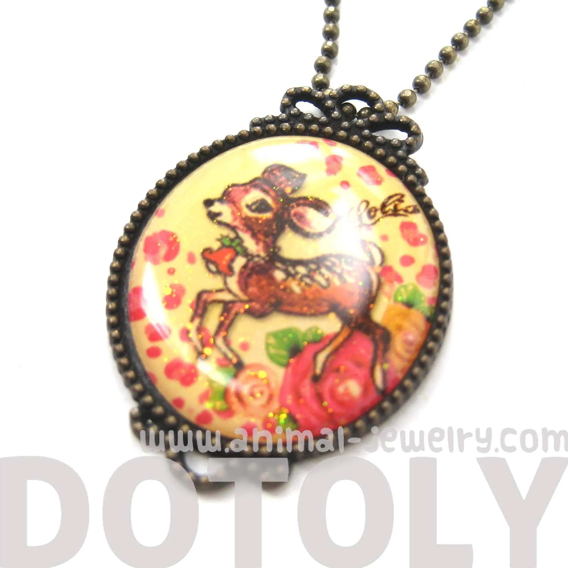 Small Bambi Deer with Roses Illustrated Pendant Necklace | Animal Jewelry