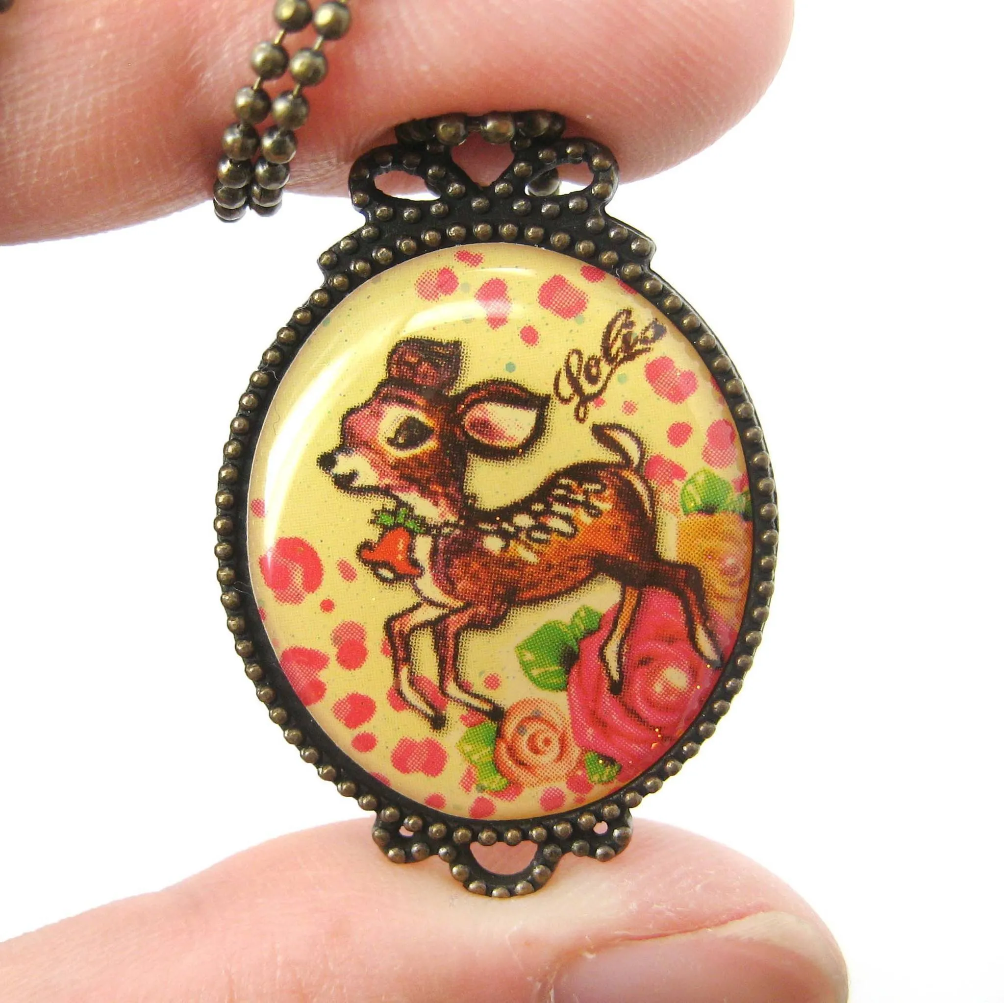 Small Bambi Deer with Roses Illustrated Pendant Necklace | Animal Jewelry