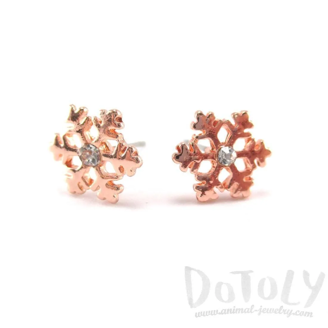 Small Snowflake Shaped Stud Earrings in Rose Gold with Rhinestones | DOTOLY